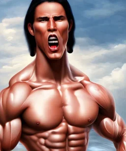 native american warrior, long black hair, big muscles, face up, mouth wide open, scream face, shirtless, looking to the sky