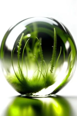 A human embryo is floating inside a semi-transparent sphere, and from this sphere, grass are growing.