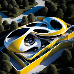 Zaha Hadid style egg-shaped country house colors white black blue and yellow aerial view