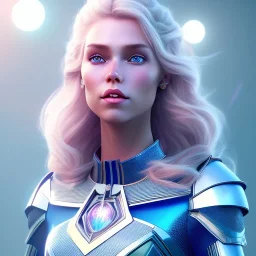 A portrait of a full body crystalised blue pink queen,smiling face, blue eyes, long blond hair, atmospheric, realistic, unreal engine, lighting