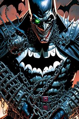 a close up of a person holding chains, the batman who laughs, jason fabok. greg staples, arkham city, gabriele dell'otto, joker wearing vader's armor suit, by Ryan Stegman, joker wearing vader's armor, david tennant as spawn, as illustrated in top cow comics, grotesque joker, venomized, jason fabok