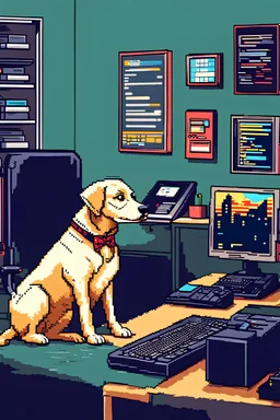 Masterpiece 8 BIT pixel art, dog as a programmer in an office, pixel art style, ultra detailed character, simple background, Professional Quality pixel art, full body shot, duotone vibrant colors.