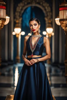 full body, young ralistic woman Portrait, detailed eyes, with spectacular red lips, Eyeliner "beautiful eye" with clear eyebrows, dress with a narrow waist, modest jewelry with subtle eyeliner, centered, symmetry, intricate, volumetric lighting, beautiful, rich deep colors masterpiece, sharp focus, ultra detailed, 8K, dslr, no crop, grand ballroom background, normal eyes