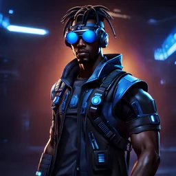 Attractive young male African American cyberpunk hacker, blue shades, targeting glasses, elaborate headgear, cybernetic enhancements, smiling, intense and focused, post-apocalyptic background, dark eyeshadow, bangs hairstyle, anime style, video game character, unreal engine, trending artstation, trending deviantart