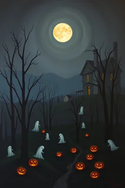 Halloween night landscape painting, darkened forest under a moonlit sky, ghosts and jack-o-lanterns glowing among the bare trees, an abandoned house on a distant hill, hints of mystery and the supernatural in the shadows --v 5.2