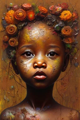 an abstract painting of rusted metal and flowers, african baby portrait, rust, scaffolding, iron cladding, decay, mixed media, textured, anatomically correct, beautiful perfect face, sharp focus, highly detailed