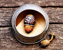 acorn in tin box with note wrapped around