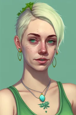 Realistic young woman, short white blonde hair in a half ponytail, pale skin, light blue-grey eyes, freckles, big green earrings, green and gold necklace, green tank-top with blue overalls on top, plant tattoo on arm