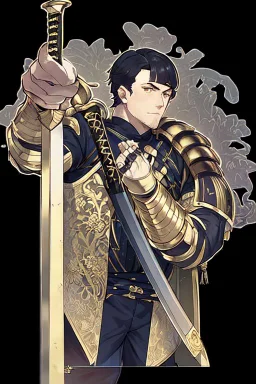 A handsome 30 year old knight, black hair, male bob haircut, in black-and-gold plate armor, golden katana in both hands, no beard, european, proper arms