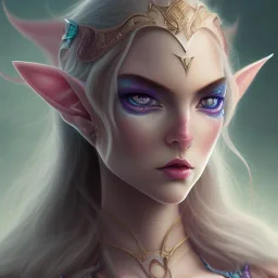 An elf, with crystal blue eyes, and magenta hair, teardrop shaped eyebrows, woman, angry expression