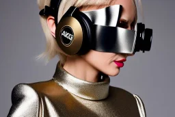 Photographic. Technological utopia. Machine, creamy fake skin, old-camera-eyes. 3D-tiling on the adaptive background. Lightly armored. Bio-punk full-mask. Lay figure woman is Surreal. Haute Couture 1990's. Light from right. Colors are silver, black, terracotta. Old AKG headphones, golden rings & disc. Logo. Thick tights. Thick calves. Curved fell. Wide hip. Tron Movie. Countermove. Revolution. The Matrix, Lady in Red. Daft Punk. Biological revolution. Advertisement. logo. Upcycling. Bio-Punk.