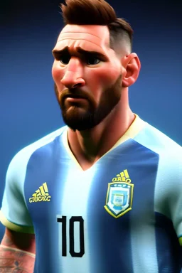 Realistic Messi Argentina soccer player Portrait, mid shot view, epic, god lights, concept art, art station, 3d, photo studio, blue clean background, unreal engine 5, ray tracing, RTX, lumen lighting, ultra detail, volumetric lighting.