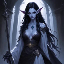 drow elf woman, sorceress, dark hair, digital art, dark fantasy