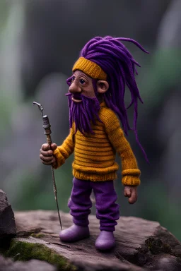 a full body picture of a 1 meter tall deep gnome with wild purple dread locks, holding a needle in one of his hands, wearing a yellow knit sweater