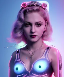 Artist, young madonna, cyber crown leds, android woman, sweet, blonde, white skin, long eyeliner, purpurin, glossy lips, make-up, color leds lights, cables, short hair, circuits, cyberpunk, latex coat, cyberpunk, neon, portrait, studio photo, unreal engine 5, soft color, 16 bit, god lights, ray tracing, RTX, lumen lighting, ultra deatail, volumetric lighting, 3d, finely drawn, hd.