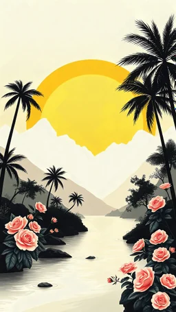 MINIMALIST BW ART - The background features a radiant sunrise GOLDEN gradient with white mountains ,PALM TREE and flowers gaden ALL COLOR ROSE FLOWER river at the image's base.bold painting style