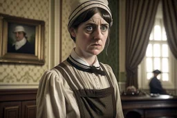 ww1 sad maid talking close-up standing up looking to the camera, ww1 mansion room background