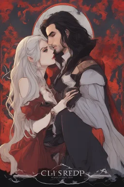 A couple from the dnd game curse of Strahd kissing, kiss, kissing She has white hair he has long black hair.