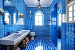 Pictures of bathrooms in Mathaf Restaurant. The walls and floors are colored in shades of blue and white