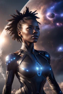 Hyper detailed beautiful woman, black skin blue eyes, cinematic lights, sunrise, octane rendered, unreal engine, high contrast, high resolution, 8k, masterpiece, 3d.