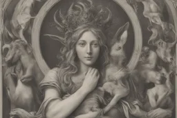 baphomet, attractive woman with head of a goat, holding a human child, chest and neck exposed, virgin mary composition