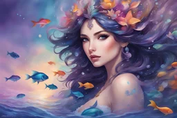 beautiful mermaid ,full figure, fish tail,watercolor, beautiful face, beautiful eyes, purple eyes, black hair, clean design, art station, splash of colorful paint, cute fishes, contour, hyperdetailed intricately detailed, unreal engine, fantastical, intricate detail, splash screen, complementary colors, fantasy concept art, 8k resolution, pale skin, twilight, extreme quality, extremely detailed, ultra-detailed face, ultra hd 8k,