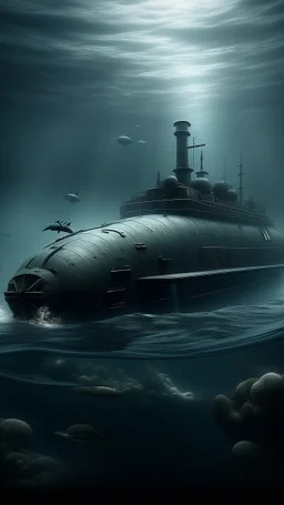 ,surrealism of the dark of a nightmare , hyper photorealistic, hyper detailed dark art color, high resolution, fog, octane render, tilt shift, HDRI Environment, all pictures dark gray, a torpedo is going toward a submarine under water