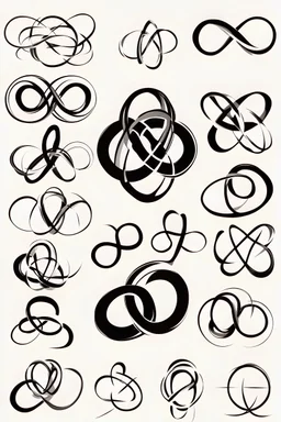 A page of 10 vector lemniscate infinity symbols drawings with clean fine line , black ink on white background