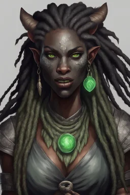 generate a dungeons and dragons character portrait of a female beast-human with black skin, dreadlocks, green piercing eyes, fangs and a thick nose