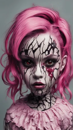 full color, illustration of a darkred and pink tones, menacing, Singer Melanie Martinez face, as a decayed, broken, skin turned translucent, black veins that extended like roots beneath her skin, latex suit, crude homemade cloth doll toy, with a narrow cracked porcelain face, thick dark eyebrows, hair in two gradually, made from ragged strips of cloth, in the style of Alex Pardee, Tim Burton, and Nadya Sheremet