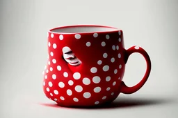 a sleeping female figure in steam over a red polka dot mug