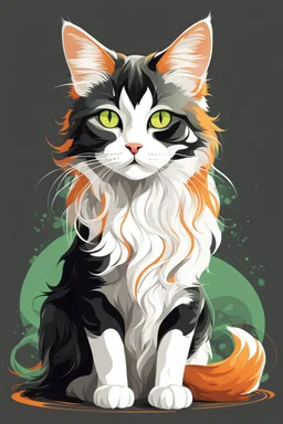 Vector illustration of a beautiful cat with long, wavy, thick hair, pointed ears, bright green eyes, orange, black and white colors, ultra quality, (((full body))), sitting on the floor