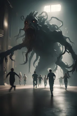 people running in fear from an eldritch monster,cinematic lighting,ray tracing