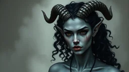 Grey skinned tiefling woman black curly hair goat horns