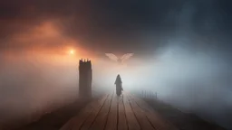 walking straight ahead over a wooden bridge, holding the angel of death with your right hand, entering the fog at the end of the road that leads to the afterlife, and a beautiful sunset and galaxy's behind the fog, realistic