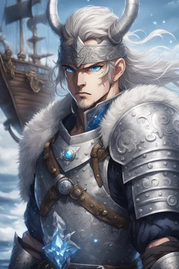 warrior in anime style, with blue eyes wearing silver Vikings armor with a blue crystal on his chest with a battle axe on the pirate ship, anime, anime style