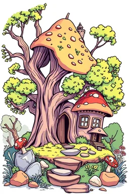 outline art for square twisted old oak tree mushroom cottage full vivid colored page for kids, classic manga style, anime style, realistic modern cartoon style, full color background, sketch style, only use outline, clean line art, no shadows, clear and well outlined