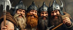 pin hole cam, master oil painting by Rembrandt, family portrait of lotsa smiling bad ass warrior clad muscle sturdy buildt deep rock metal towering dwarves in gritty metal helmets and in fine clothes and with ice picks laughing