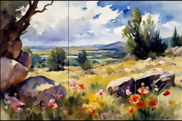 Sunny day, clouds, flowers, rocks, trees, distant mountains, spring, sci-fi, fantasy, john singer sargent watercolor paintings