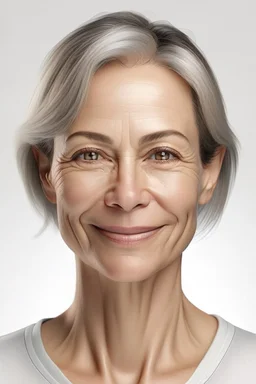 realistic, (49yr old female)without makeup, Caucasian beautiful face, dark hair, wearing a tight white shirt, studio lighting, cinematic light, beautiful woman, milk beige middle hair, perfect anatomy, very cute smile, (head frame), on white background, 8k Resolution, human hands, curiously complete, elegant, close to perfection, dynamic, highly detailed, character sheet, concept art, smooth, non symmetrical body and balanced directly towards the viewer, detailed hairstyles