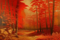 An orangish red autumn season woodland with falling leaves painted by Leonardo da Vinci