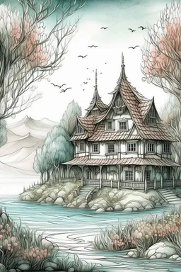 The place where the Dream and its followers live. Watercolor, fine drawing, beautiful landscape, pixel graphics, lots of details, pastel aqua colors, delicate sensuality, realistic, high quality, work of art, hyperdetalization, professional, filigree, hazy haze, hyperrealism, professional, transparent, delicate pastel tones, back lighting, contrast, fantastic, nature+space, Milky Way, fabulous, unreal, translucent, glowing