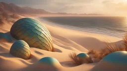 the coast of a desert seen from the top of a dune. small hatching dragon eggs on the beach. fantasy, cinematic lighting, hyper realisme, Hyperrealistic, splash art, concept art, mid shot, intricately detailed, color depth, dramatic, 2/3 face angle, side light, colorful background