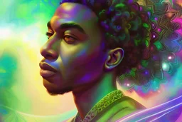 Handsome black man in a photorealistic portrait style in front of a swirling psychedelic cityscape background with mandalas, prisms, and multicolor lights
