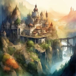 dnd, fantasy, watercolour, large strokes, stylistic, landscape, illustration, capital city, opulent, magnificent