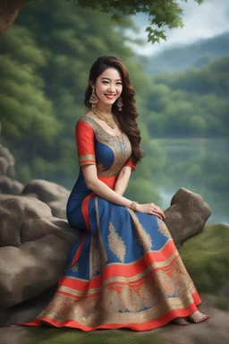 ((full shot body)) photo of the most beautiful artwork in the world featuring model, smiling, , High Detail, Sharp focus, dramatic, photorealistic, ultra sharp, ultra hd, hyper realistic, ultra realistic, ((((dress)))), trending on artstation, sharp focus, studio photo, intricate details, highly detailed, standing in nice pose in country side with river ,water fall ,rocky vally