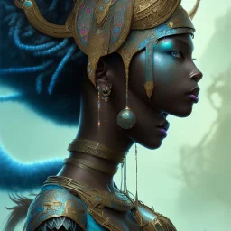 sango fantasy, fantasy magic, intricate, sharp focus, illustration, highly detailed, digital painting, concept art, matte, masterpiece head sexy view black African beauty black afro hair space lady turquoise snakeskin Indonisian princess