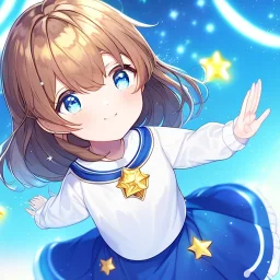 Clear focus, High resolution, A anime kid, cute, rough line skecth, star around kid, sparkling eyes, medium fluffy brown hair, blue sparkling eyes, 1girl (solo), wearing a blue snow cloak and a white shirt, yellow stars on skirt, blue skirt, star in hair yellow, (((praying)))