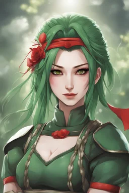 portrait of a young alluring female shinobi in Japanese green ninja armor, feudal japan, D&D character, RPG, fantasy character, stylish, 8k, beautiful, green hair, perfect lips, youthfull smile, makeup around eyes, red makeup on cheeks, detailed eyes, perfect eyelashes, big chest, hourglass body, pale white skin, seductive expression,casting spell, cherry blossoms in background, legend of the five rings rpg, anime art style, heroic pose, full body picture