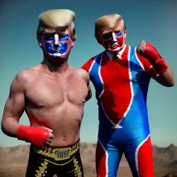 realistic image of donald trump as a mexican wrestling fighter posing outdoors, Mexican eyes wrestling mask, red and blue breeches, suspenders, retro style, 80s, vibrant color, highly detailed, sky background, concept art, unreal engine 5, god rays, ray tracing, RTX, lumen lighting, ultra detail, volumetric lighting, 3d, finely drawn, high definition, high resolution.